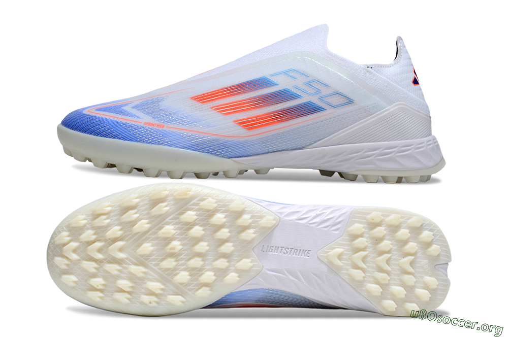 Adidas F50 Elite Laceless TF Football Shoes - White/Sky Blue/Coral Red 1