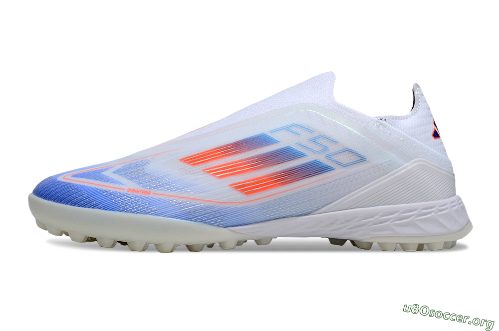 Adidas F50 Elite Laceless TF Football Shoes - White/Sky Blue/Coral Red 3