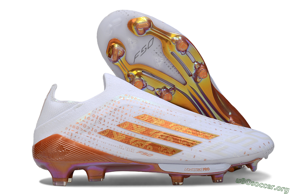 Adidas F50 Lightstrike Pro Laceless FG Football Boots - White/Amber Glow/Metallic Orange 2