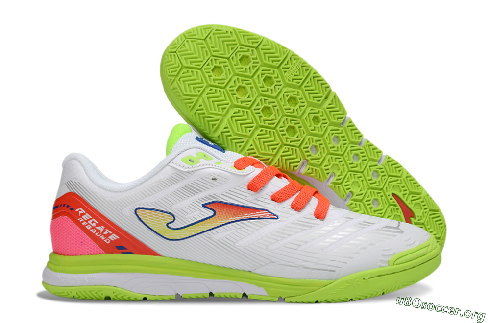 Joma Top Flex IC Football Shoes - White/Neon Green/Coral Red 2