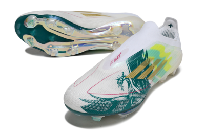 Adidas F50+ Elite Lightstrike Pro Laceless FG Football Boots - White/Neon Green/Sapphire Blue