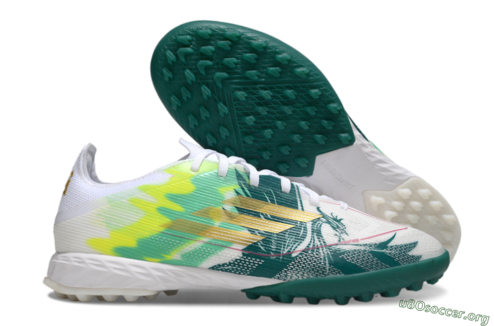 Adidas F50 Pro TF Football Shoes - White/Green Splash/Golden Burst 2