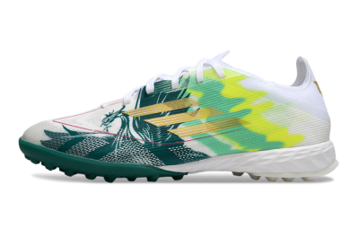 Adidas F50 Pro TF Football Shoes - White/Green Splash/Golden Burst