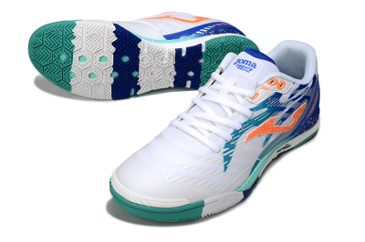 Joma Top Flex IC Football Shoes - White/Aqua Blue/Coral Orange