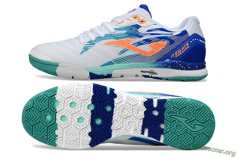 Joma Top Flex IC Football Shoes - White/Aqua Blue/Coral Orange 1