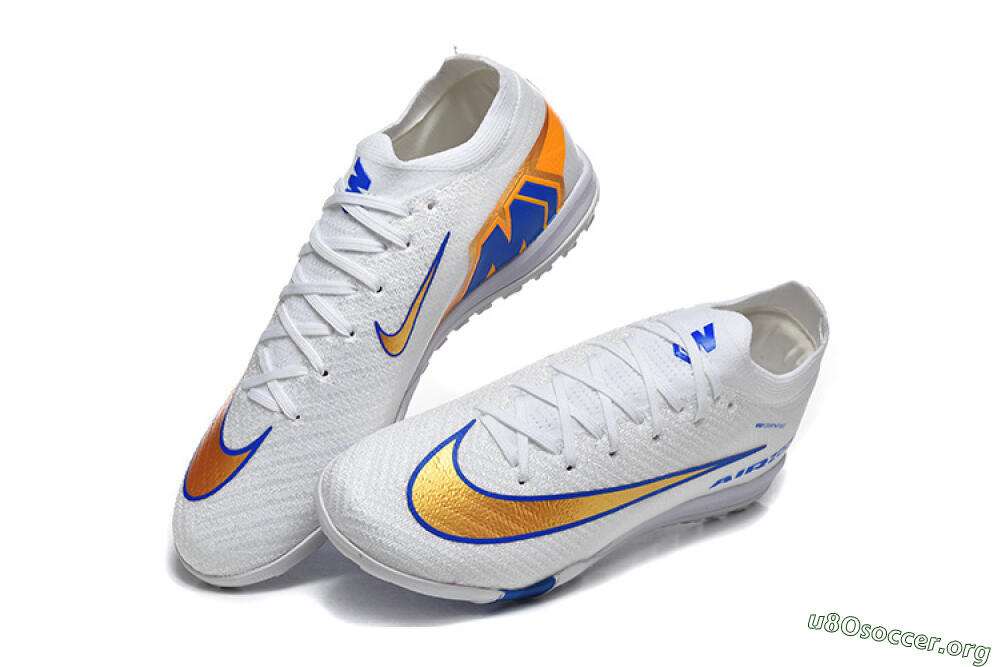 Nike Air Zoom Mercurial Vapor 16 Elite TF Football Shoes - White/Electric Blue/Metallic Gold 6