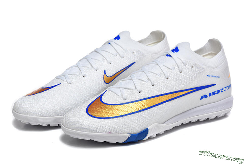 Nike Air Zoom Mercurial Vapor 16 Elite TF Football Shoes - White/Electric Blue/Metallic Gold 5