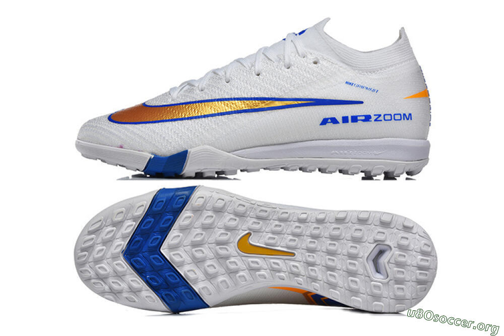 Nike Air Zoom Mercurial Vapor 16 Elite TF Football Shoes - White/Electric Blue/Metallic Gold 1