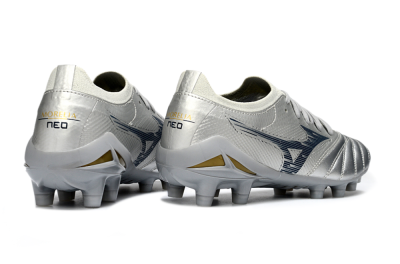Mizuno Morelia Neo 4 FG Football Boots - Silver/Metallic Silver/Yellow Accent