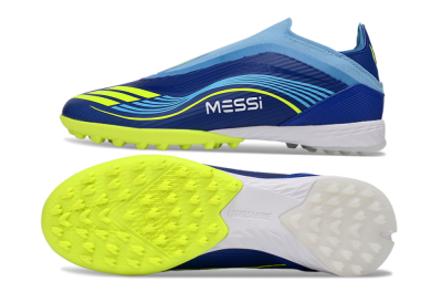 Messi x Adidas F50 Elite Laceless TF Football Shoes - Blue/Luminous Yellow/Soft Sky