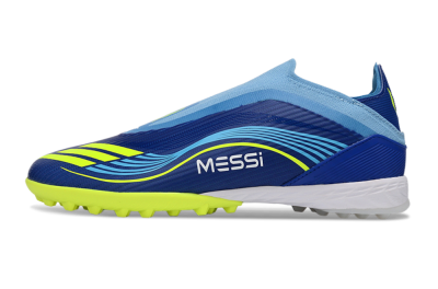 Messi x Adidas F50 Elite Laceless TF Football Shoes - Blue/Luminous Yellow/Soft Sky