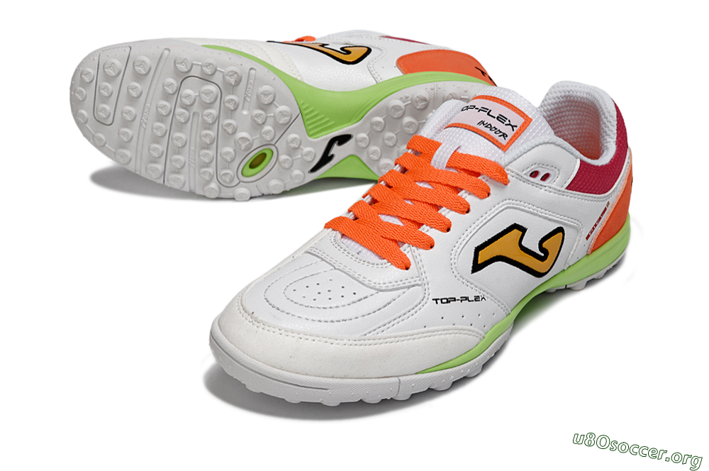 Joma Top Flex TF Football Shoes - White/Orange Flare/Lime Green 0