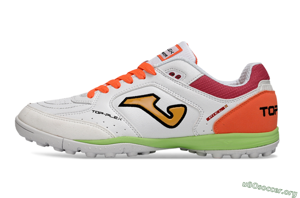 Joma Top Flex TF Football Shoes - White/Orange Flare/Lime Green 3