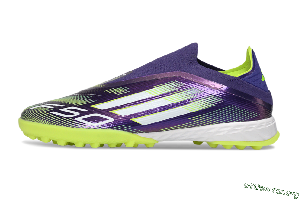 Adidas F50 Pro Laceless TF Football Shoes - Purple/Lime Green/White 3
