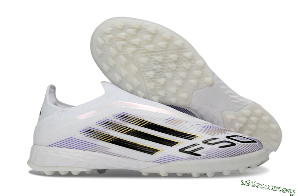 Adidas F50 Pro Laceless TF Football Shoes - White/Black/Gold 2