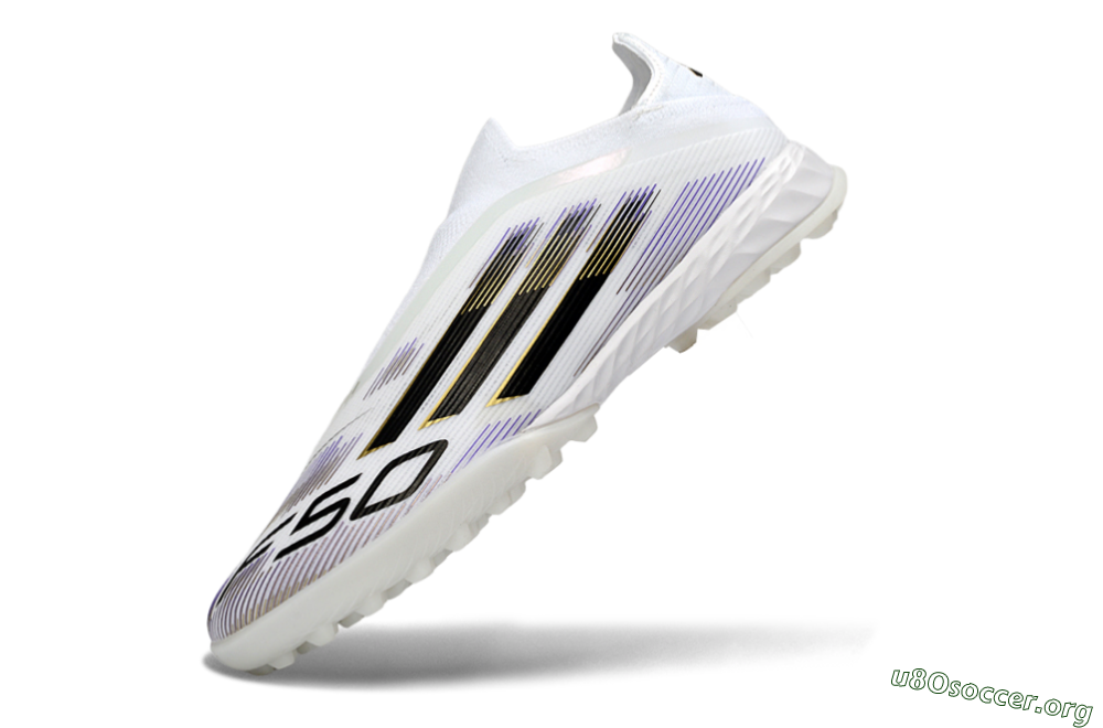 Adidas F50 Pro Laceless TF Football Shoes - White/Black/Gold 5