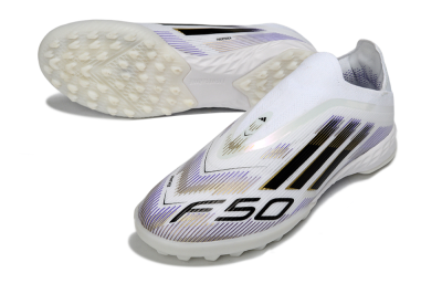 Adidas F50 Pro Laceless TF Football Shoes - White/Black/Gold