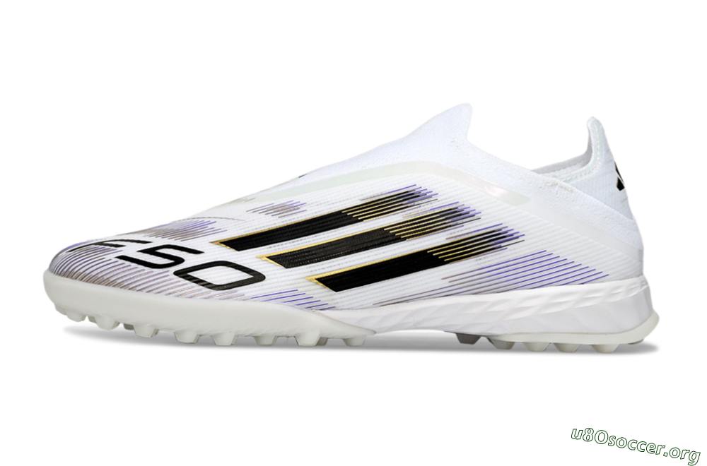 Adidas F50 Pro Laceless TF Football Shoes - White/Black/Gold 3