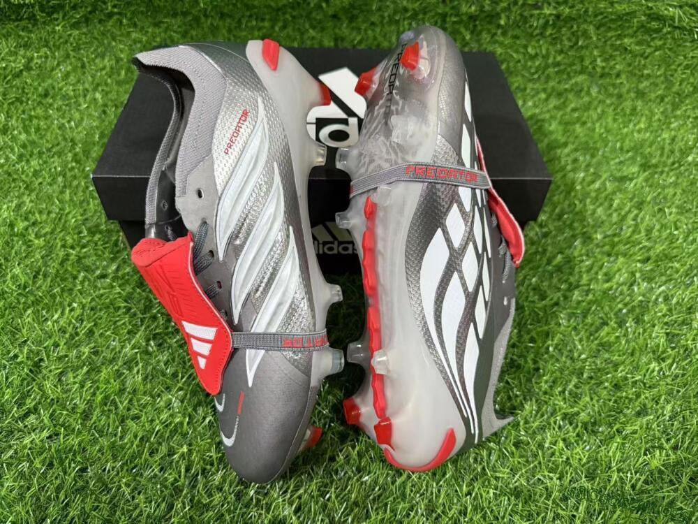 Adidas Predator 26 Elite Fold-Over Tongue FG Football Boots - Gray/Vibrant Red/Steel Gray