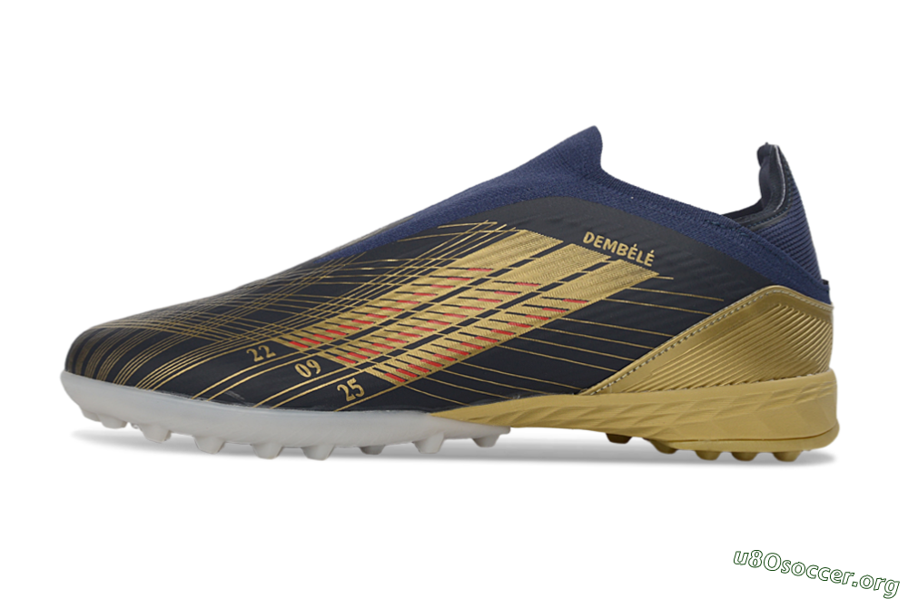 Dembélé x Adidas F50 Elite Laceless TF Football Shoes - Navy/Gold/Red 3