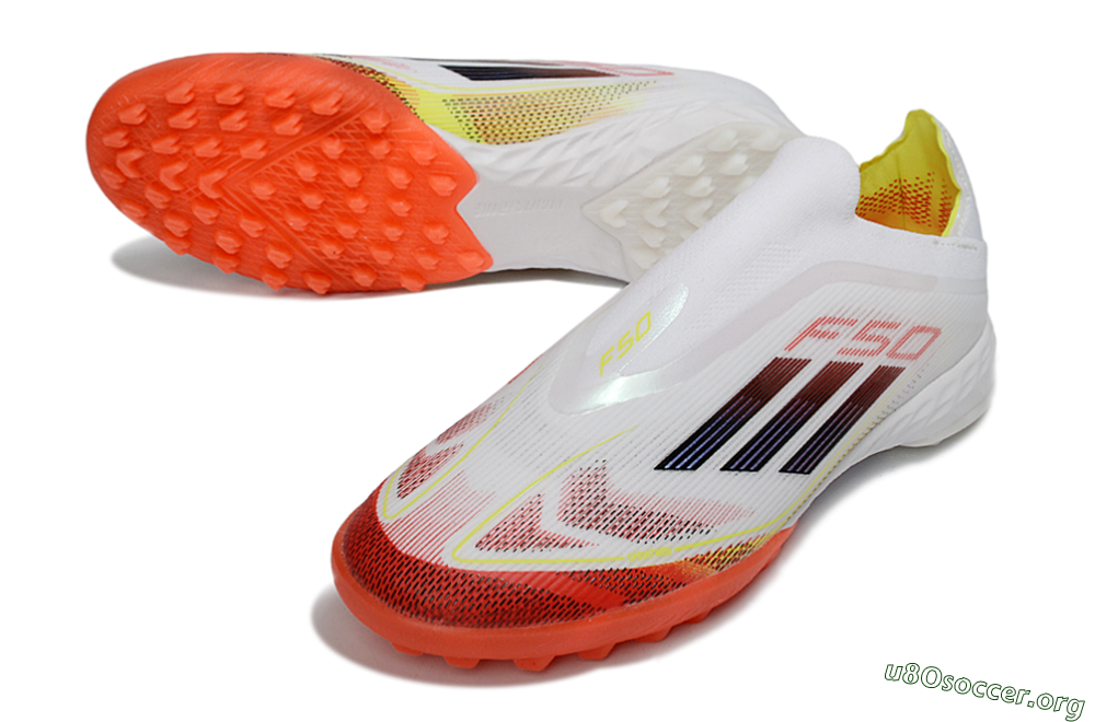 Adidas F50 Pro Laceless TF Football Shoes - White/Vibrant Orange/Sunny Yellow 0
