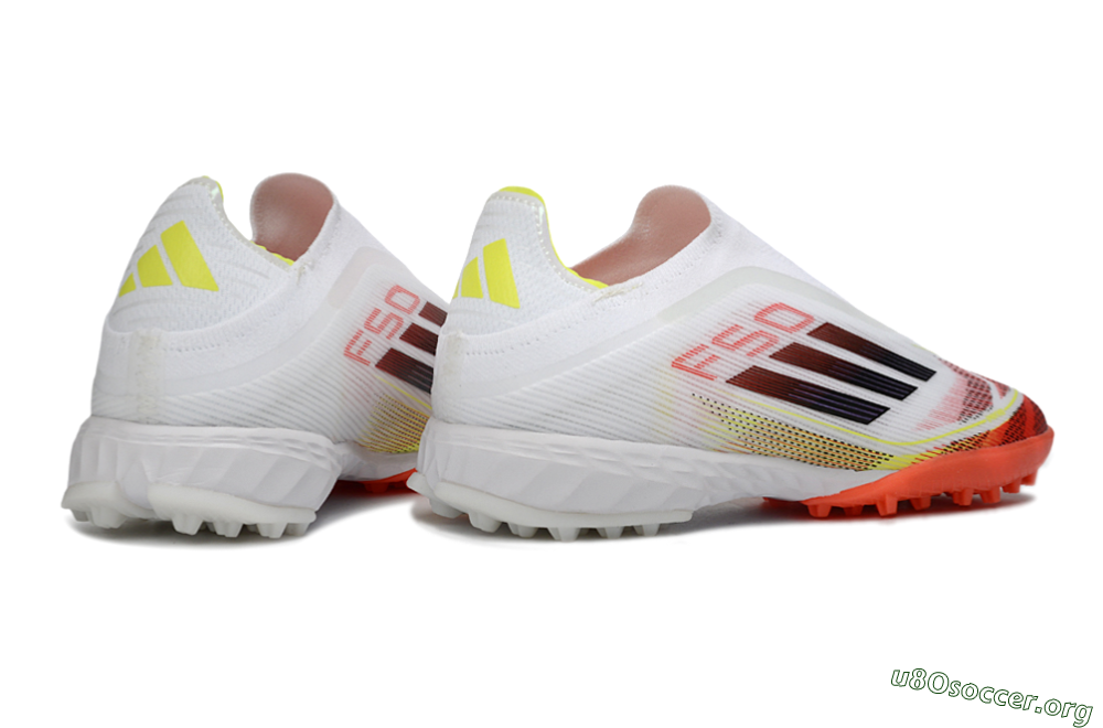 Adidas F50 Pro Laceless TF Football Shoes - White/Vibrant Orange/Sunny Yellow 6