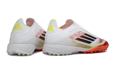 Adidas F50 Pro Laceless TF Football Shoes - White/Vibrant Orange/Sunny Yellow