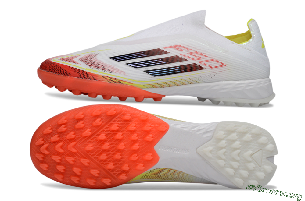 Adidas F50 Pro Laceless TF Football Shoes - White/Vibrant Orange/Sunny Yellow 1