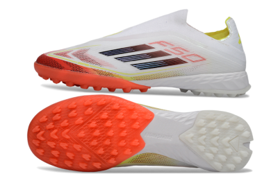 Adidas F50 Pro Laceless TF Football Shoes - White/Vibrant Orange/Sunny Yellow