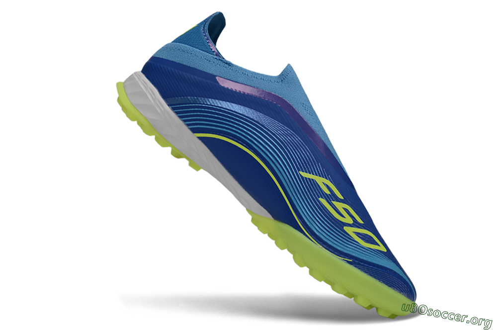 Messi x Adidas F50 Pro Laceless TF Football Shoes - Blue/Lime Green/Light Blue 4