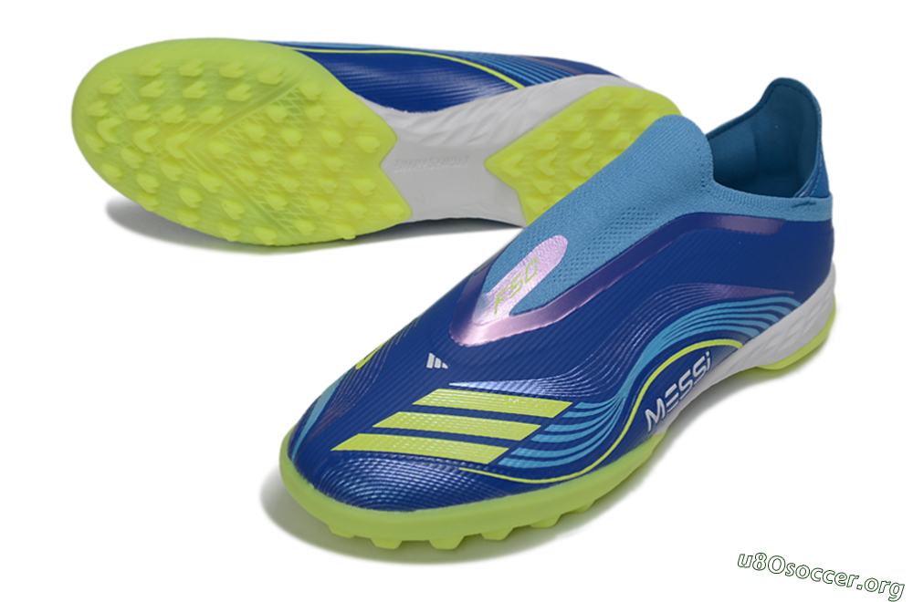 Messi x Adidas F50 Pro Laceless TF Football Shoes - Blue/Lime Green/Light Blue 0