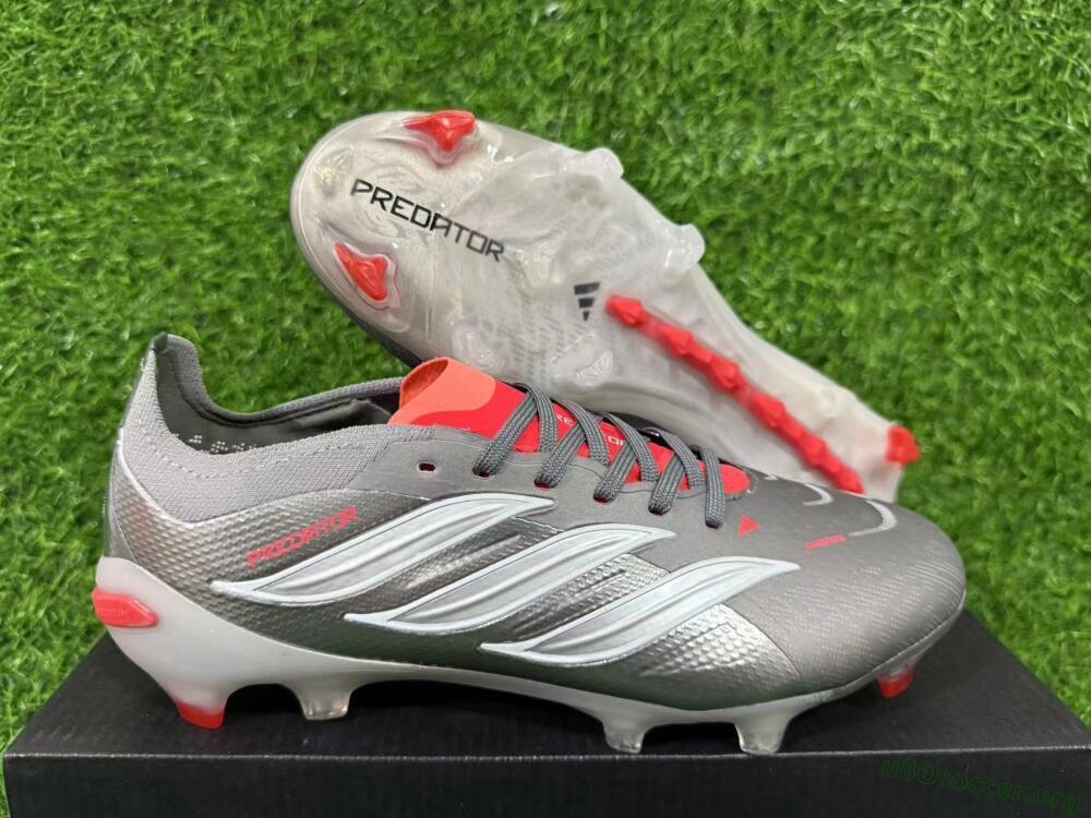 Adidas Predator 26 Elite FG Football Boots - Gray/Bright Red/Metallic Silver