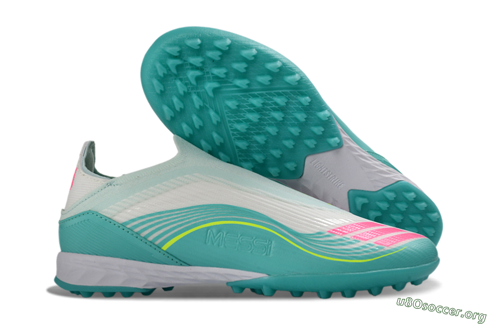 Messi x Adidas F50 Elite Laceless TF Football Shoes - Teal/Bright Pink/Neon Yellow 2