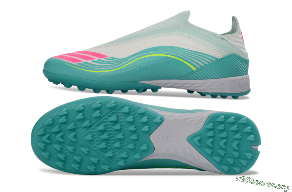 Messi x Adidas F50 Elite Laceless TF Football Shoes - Teal/Bright Pink/Neon Yellow 1