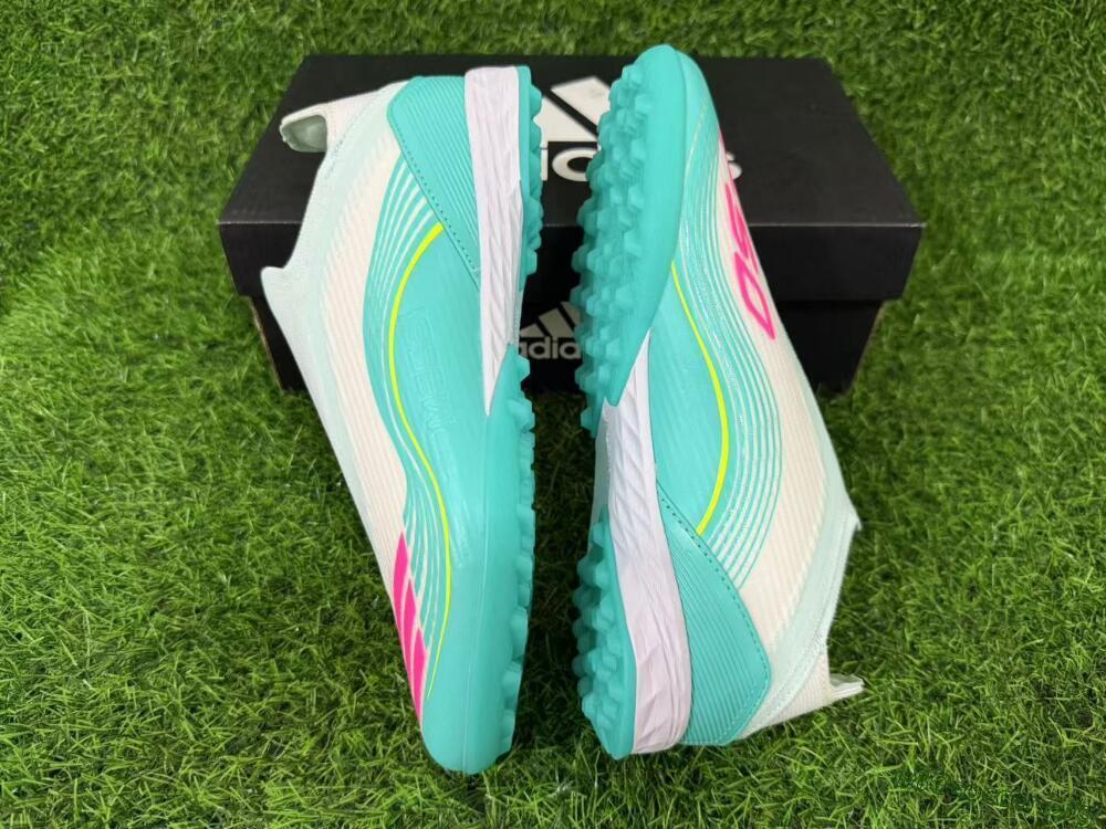 Messi x Adidas F50 Elite Laceless TF Football Shoes - Teal/Bright Pink/Neon Yellow