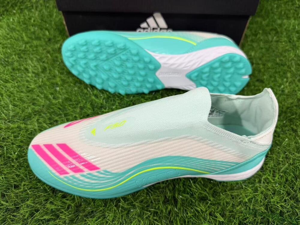Messi x Adidas F50 Elite Laceless TF Football Shoes - Teal/Bright Pink/Neon Yellow