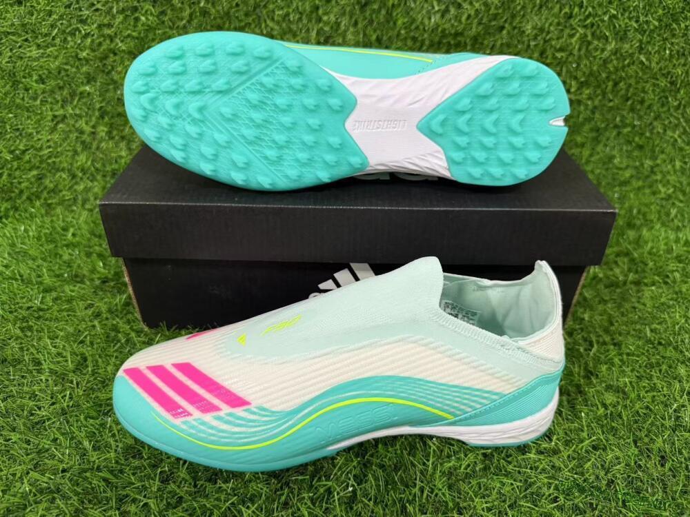 Messi x Adidas F50 Elite Laceless TF Football Shoes - Teal/Bright Pink/Neon Yellow