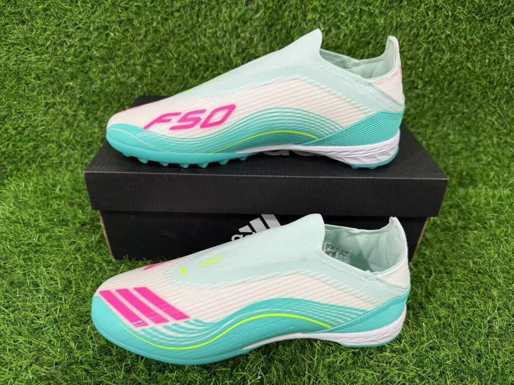 Messi x Adidas F50 Elite Laceless TF Football Shoes - Teal/Bright Pink/Neon Yellow