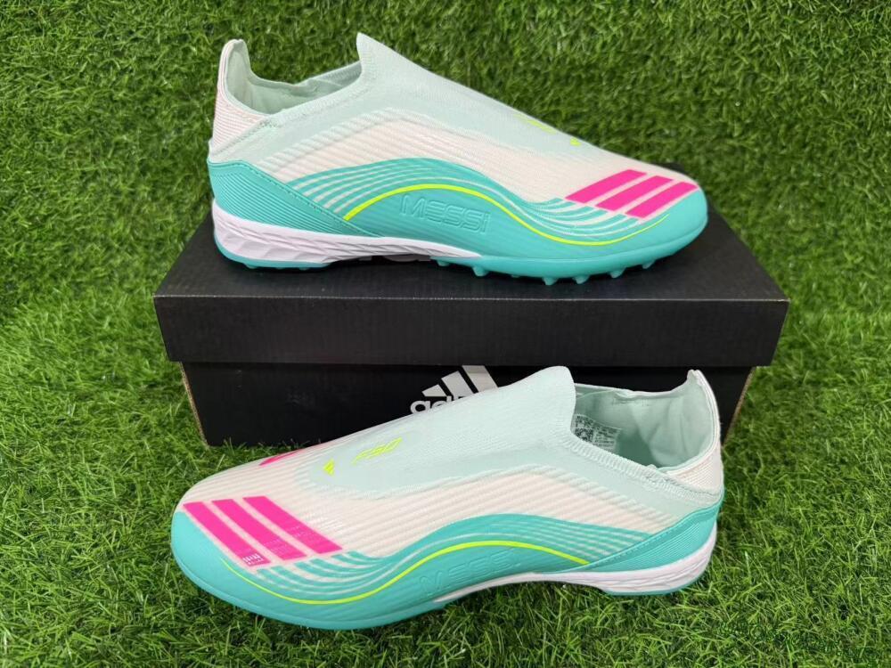 Messi x Adidas F50 Elite Laceless TF Football Shoes - Teal/Bright Pink/Neon Yellow