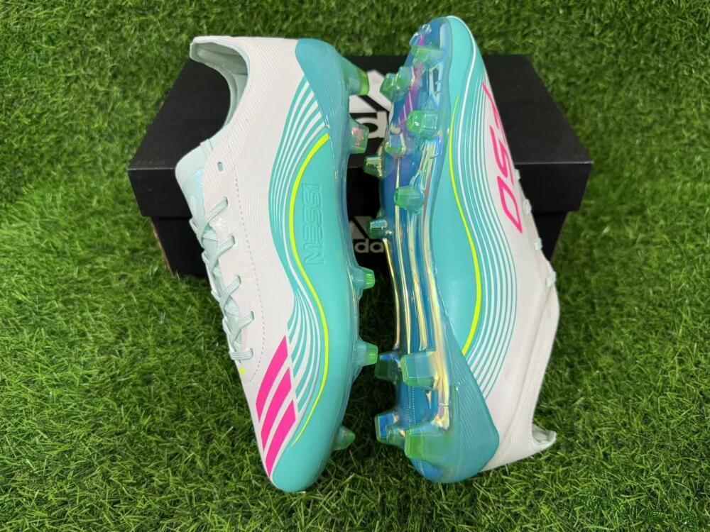 Messi x Adidas F50 Elite FG Football Boots - Aqua/Coral Twist/Neon Green