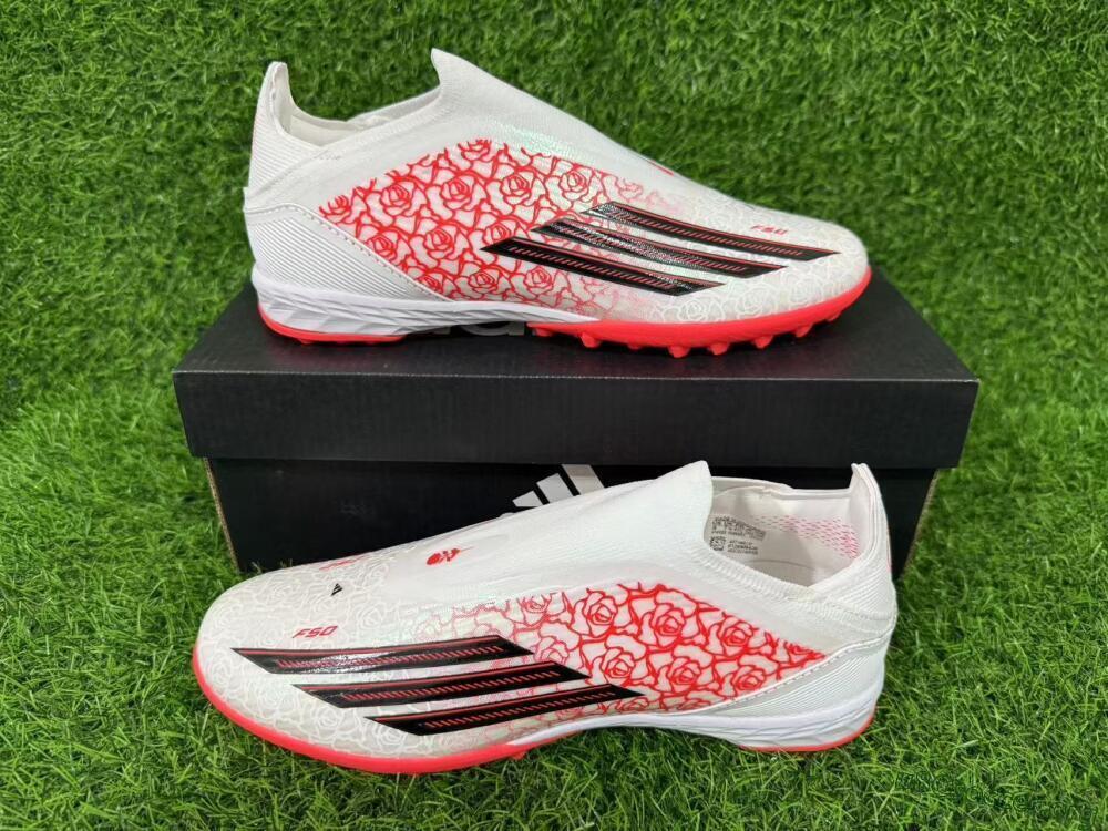 Adidas F50 Elite Laceless TF Football Shoes - White/Coral Red/Silver