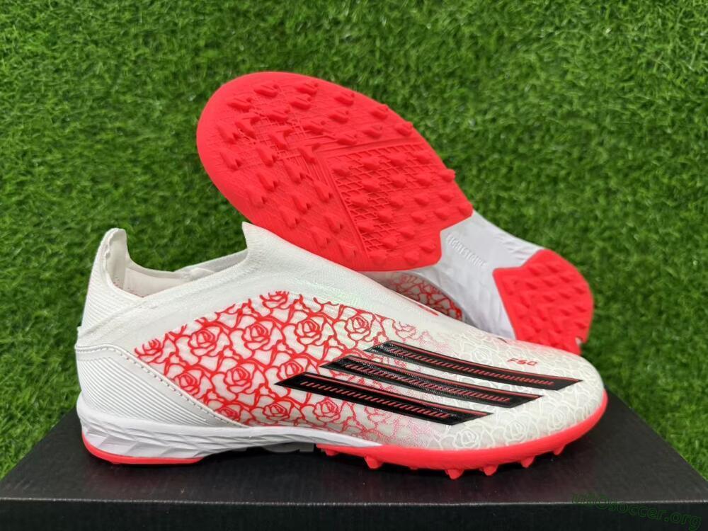 Adidas F50 Elite Laceless TF Football Shoes - White/Coral Red/Silver