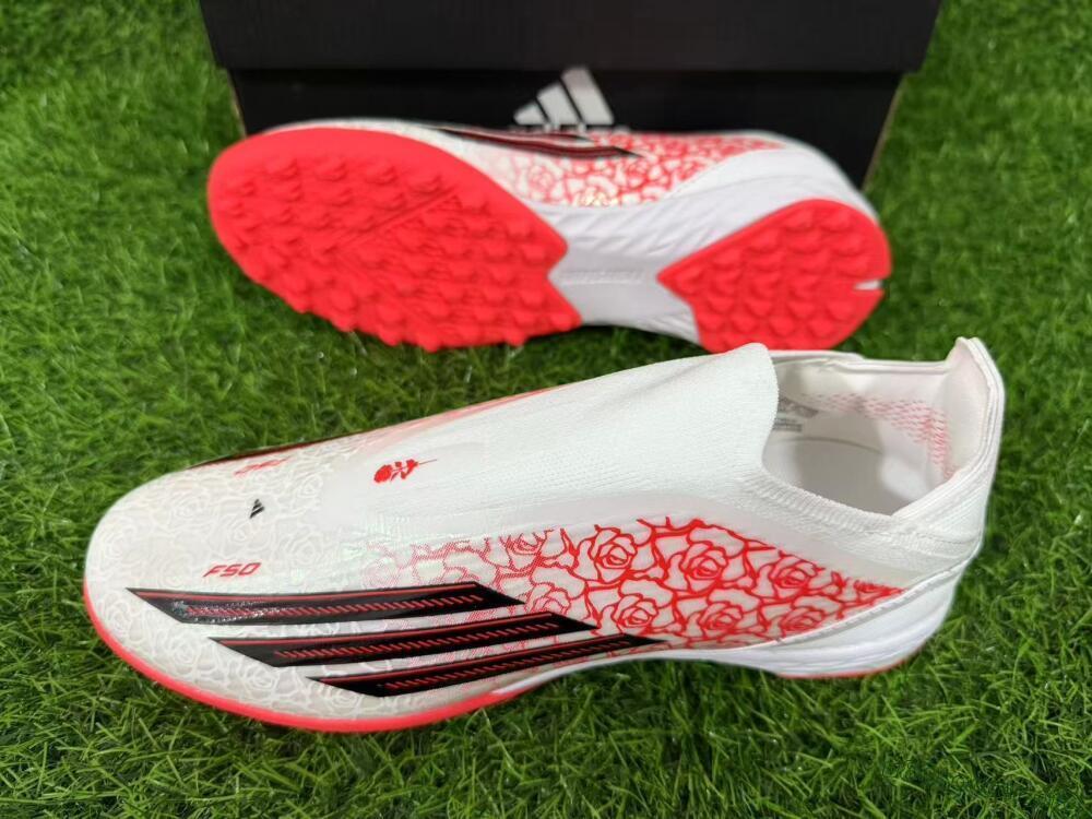 Adidas F50 Elite Laceless TF Football Shoes - White/Coral Red/Silver