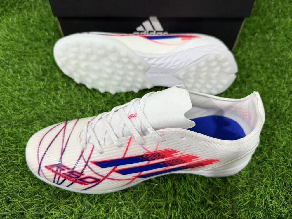 Adidas F50 Pro TF Football Shoes - White/Electric Blue/Crimson Red