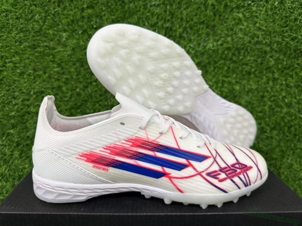 Adidas F50 Pro TF Football Shoes - White/Electric Blue/Crimson Red