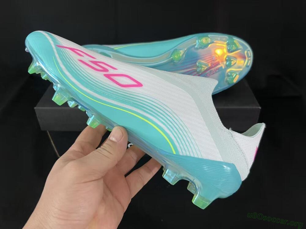 Messi x Adidas F50 Elite Laceless FG Football Boots - Aqua/Bright Pink/Lime Green