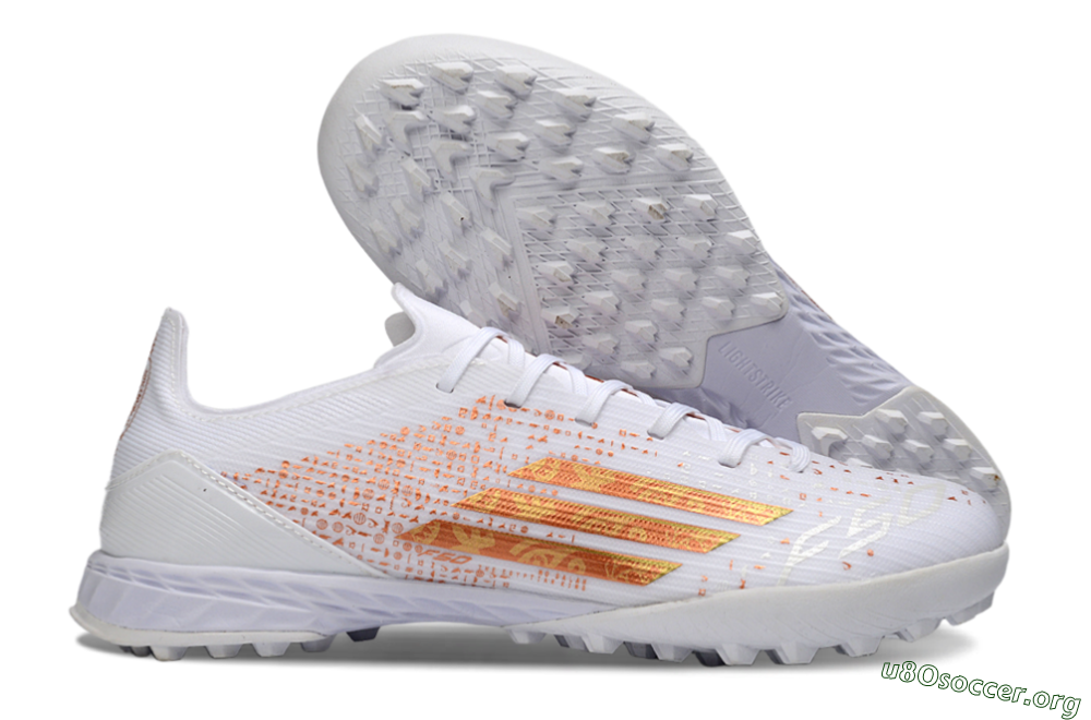 Adidas F50 Pro TF Football Shoes - White/Metallic Gold/Blazing Orange 2