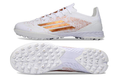 Adidas F50 Pro TF Football Shoes - White/Metallic Gold/Blazing Orange