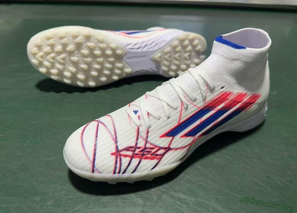 Adidas F50 Elite Mid TF Football Shoes - White/Electric Pink/Nebula Blue