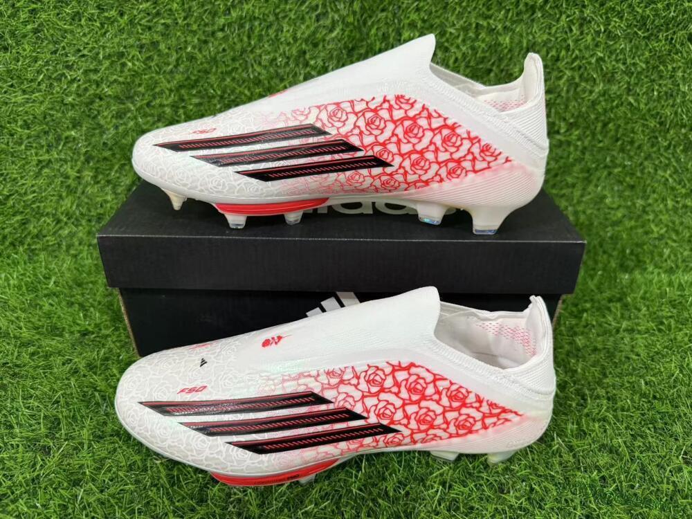 Adidas F50+ Elite Lightstrike Pro Laceless FG Football Boots - White/Scarlet Glow/Black Burst